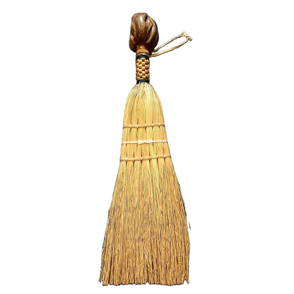 Vintage Woven Handcrafted Shaker Natural Whisk Broom Carved Wooden Burl Handle